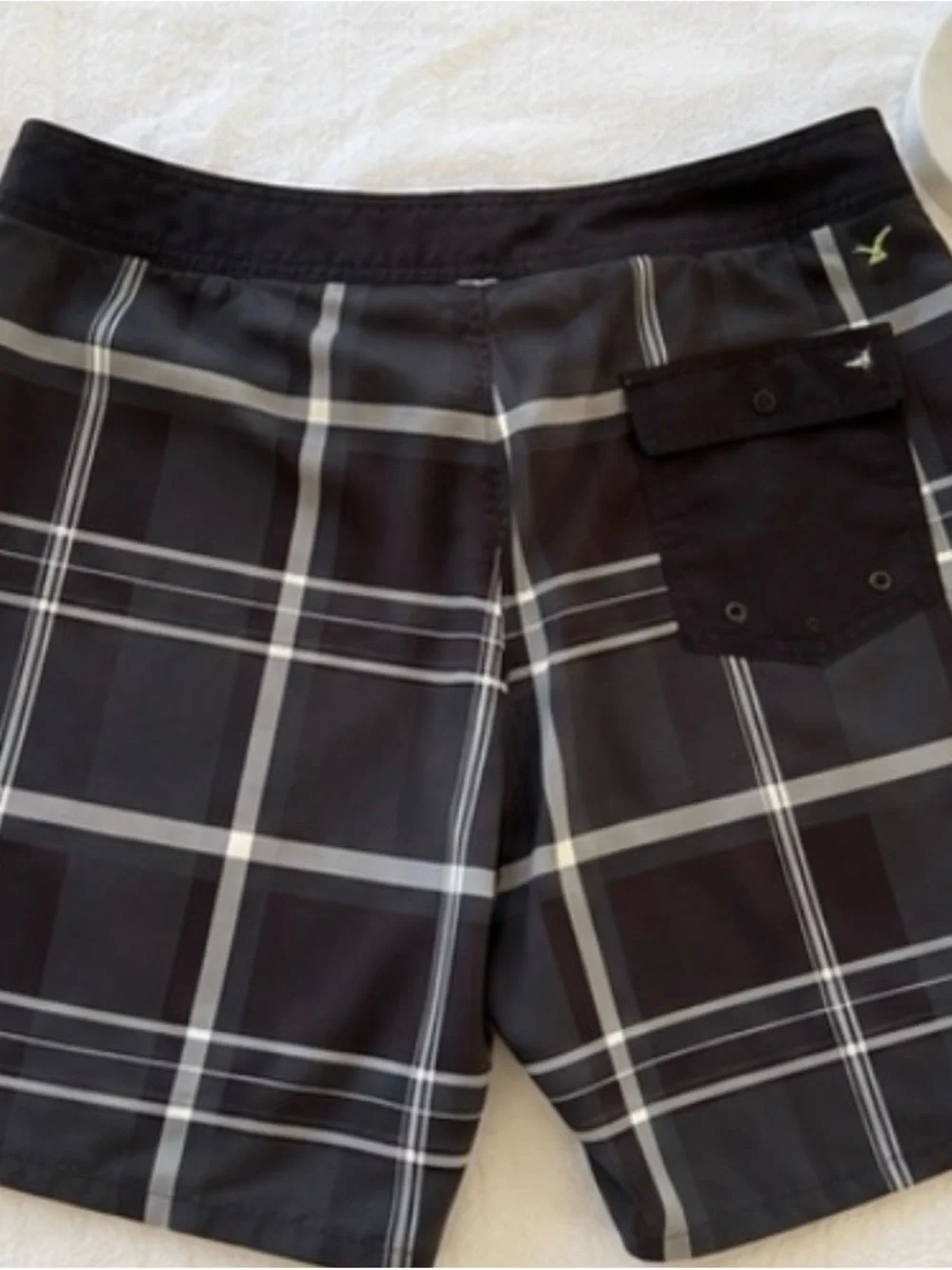 American Eagle Outfitters Black Plaid Swim Shorts with Neon Yellow Drawstring